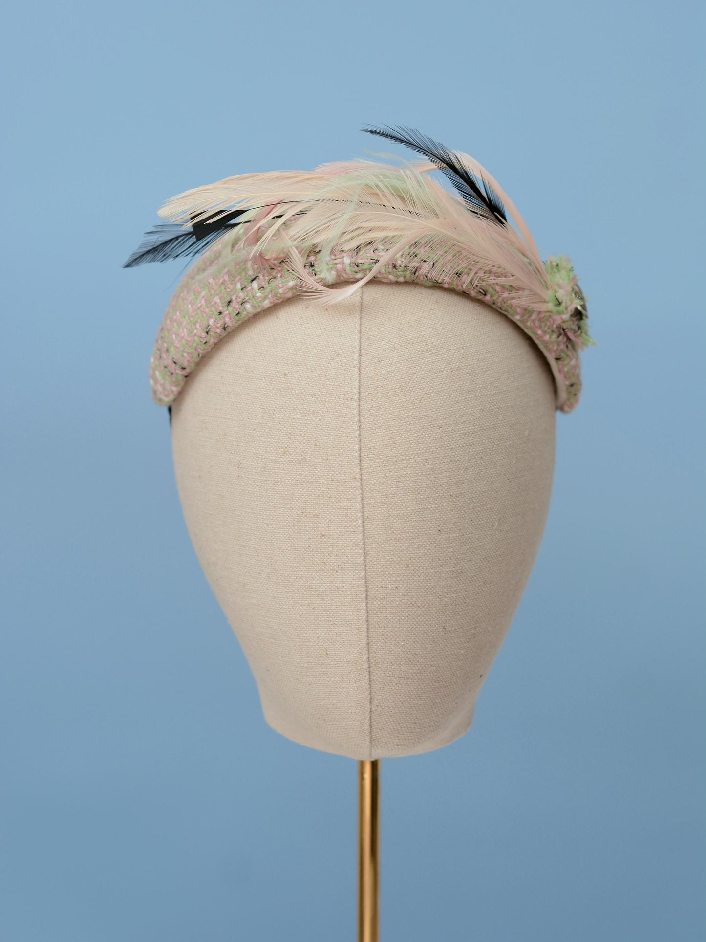 Tweed Pink and Mint Green Bandeau Fascinator with Feather Mount | Feather Hat | Wedding Fascinator