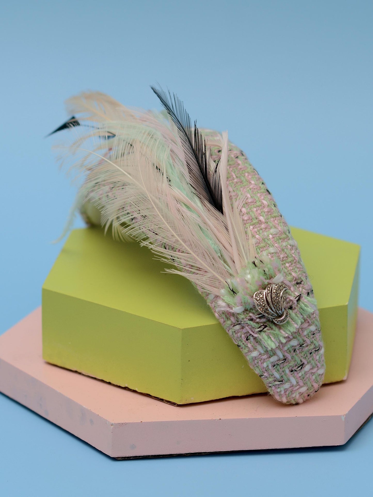 Tweed Pink and Mint Green Bandeau Fascinator with Feather Mount | Feather Hat | Wedding Fascinator