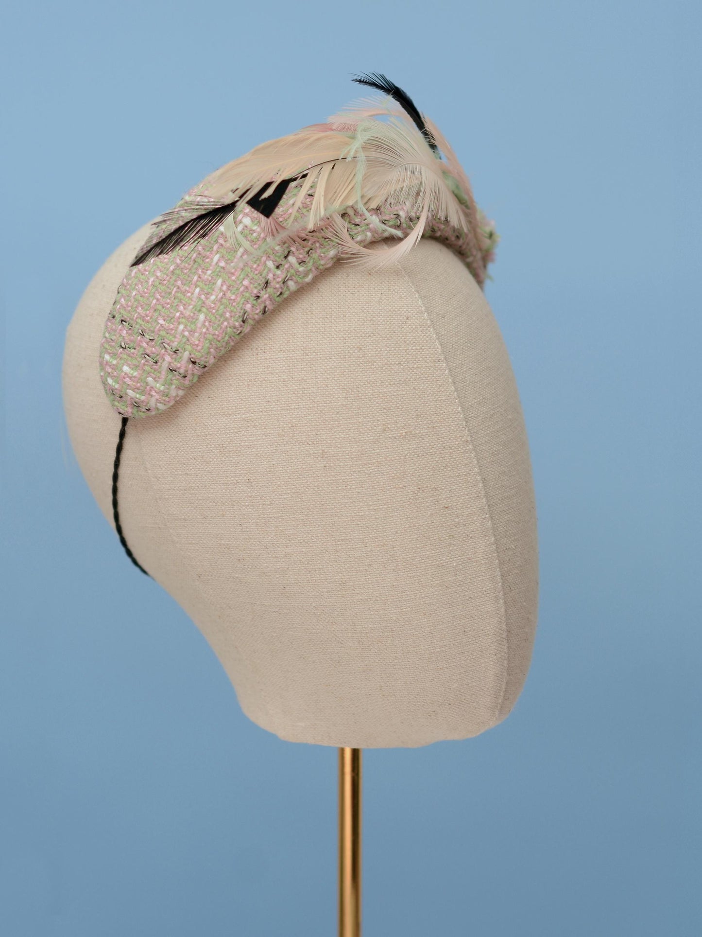 Tweed Pink and Mint Green Bandeau Fascinator with Feather Mount | Feather Hat | Wedding Fascinator