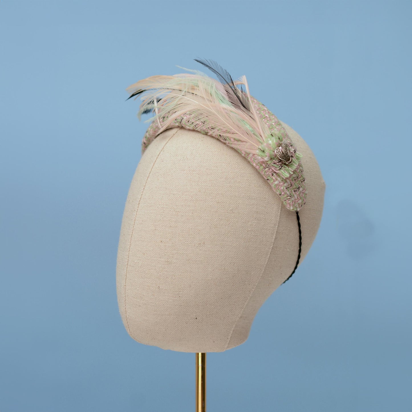 Tweed Pink and Mint Green Bandeau Fascinator with Feather Mount | Feather Hat | Wedding Fascinator