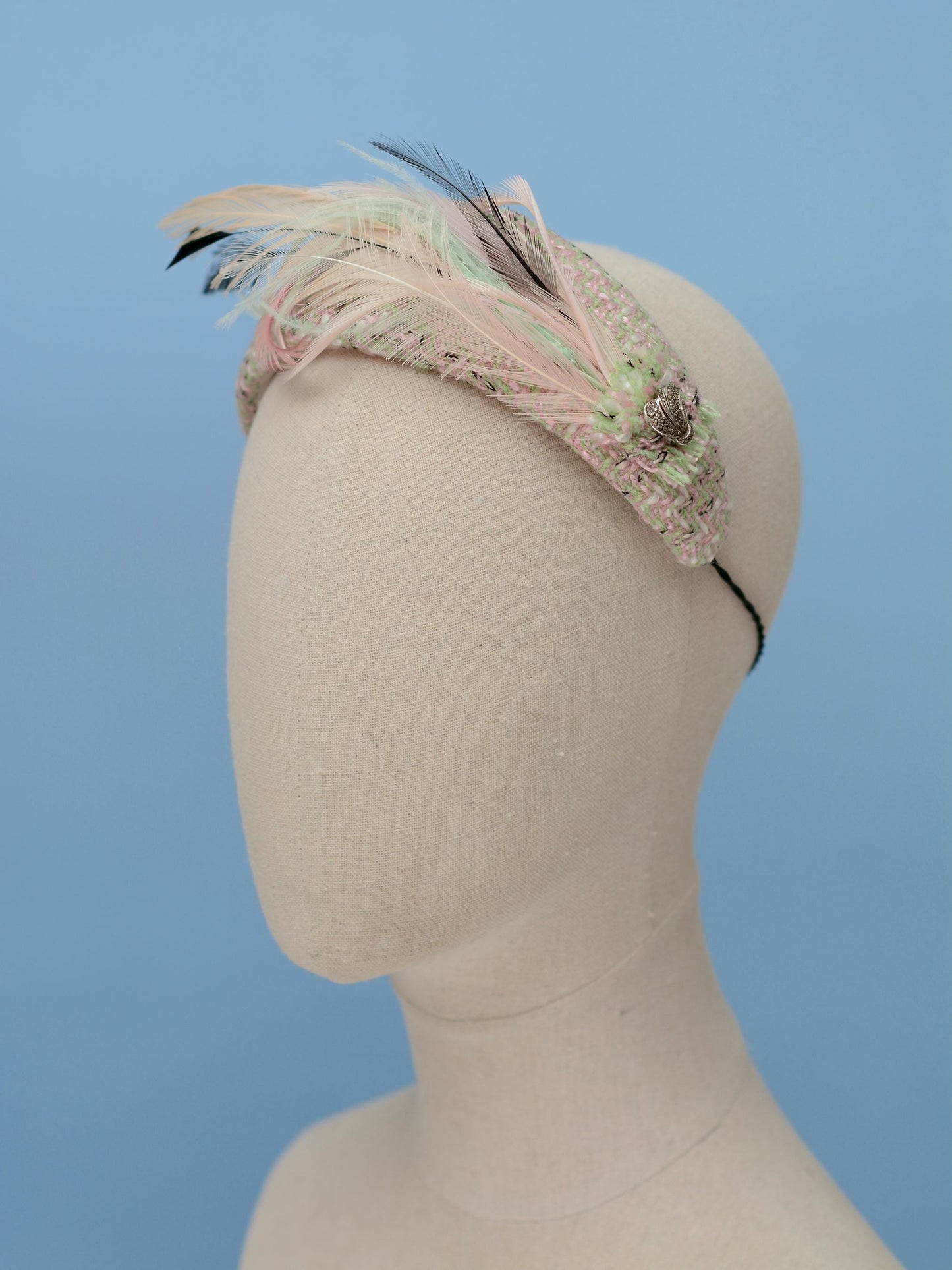 Tweed Pink and Mint Green Bandeau Fascinator with Feather Mount | Feather Hat | Wedding Fascinator