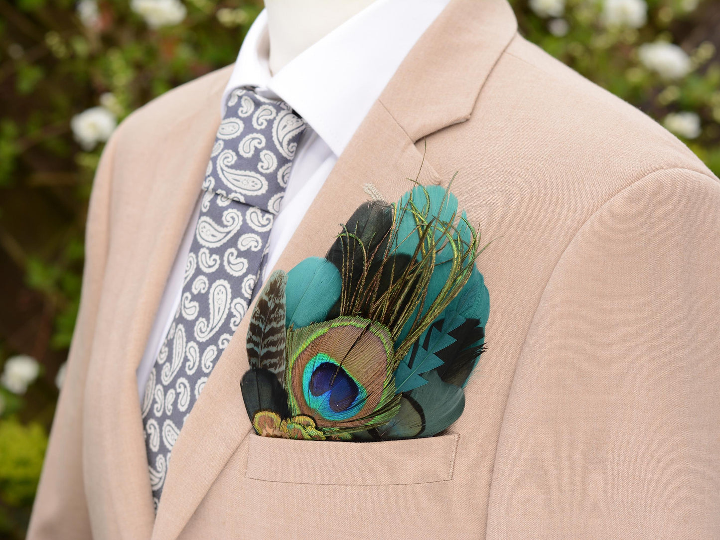 Peacock Feather Pocket Square in Shades of Black and Green No.232 | Suit Accessory | Feather Neck Tie | Grooms Outfit |