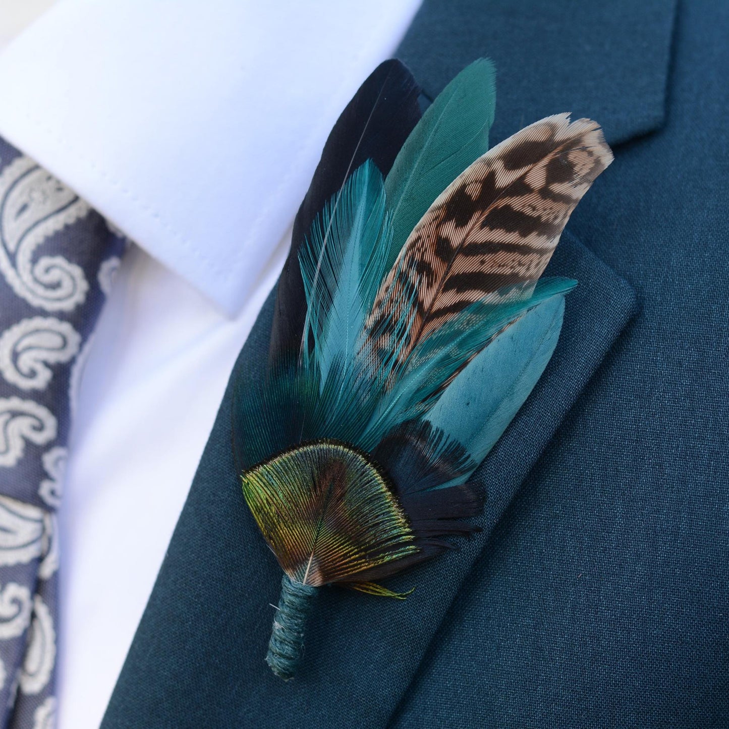 Green, Teal and Black Pheasant Feather Lapel Pin No.240 | Peacock Feather Hat Pin |Unique Pheasant Feather Brooch