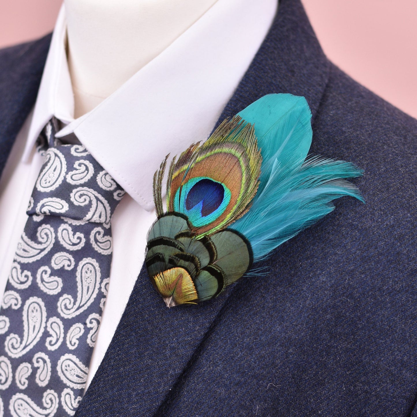 Teal and Peacock Feather Boutonniere | Peacock Feather Pin Peacock Feather Brooch | Peacock Feather Hat Pin