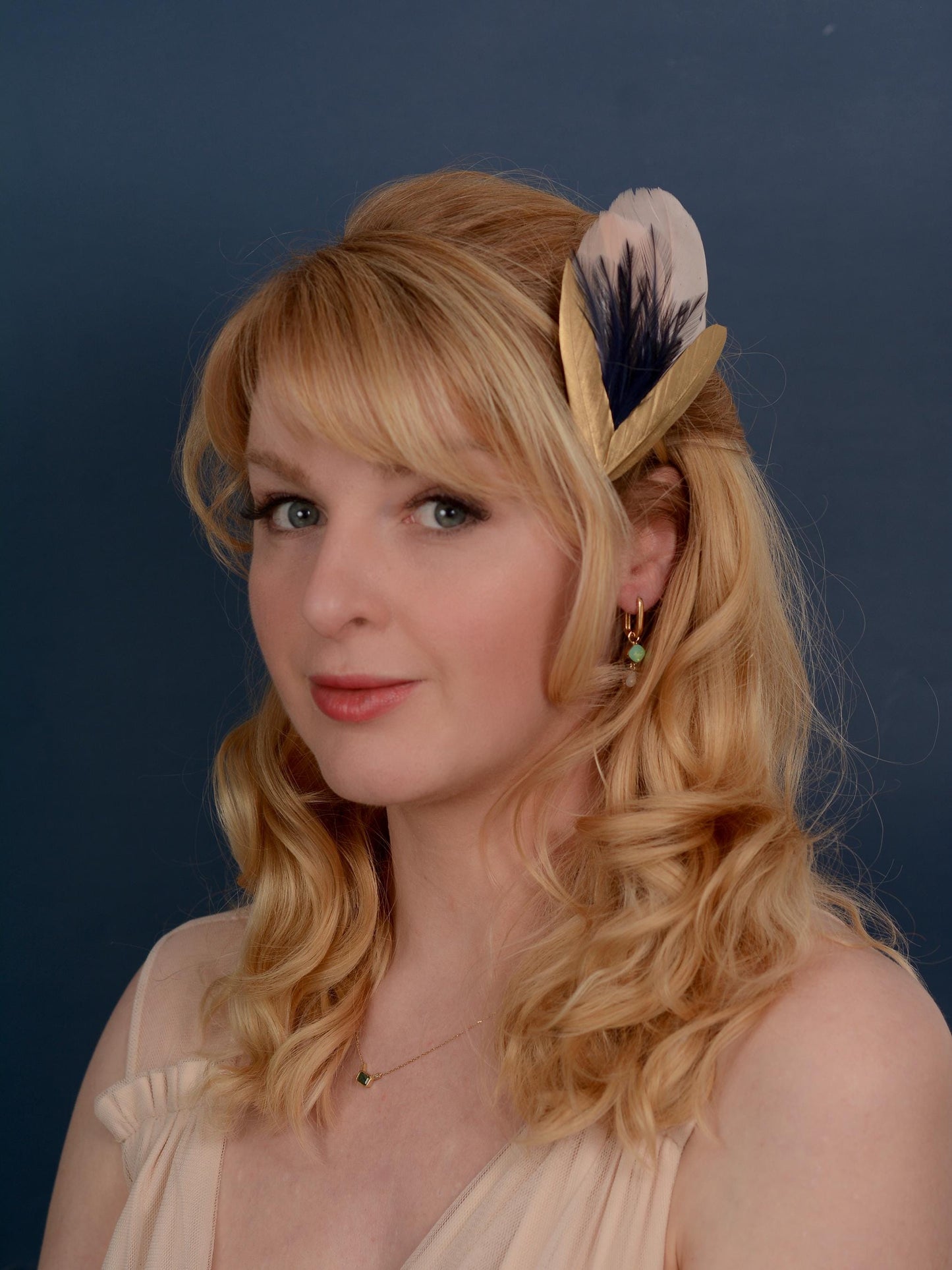 Feather Hair Clip in Peach Blush, Navy and Gold | Feather Fascinator | Feather Headpiece | Bridal Hair Clip | Bridal Headpiece | Bridesmaids