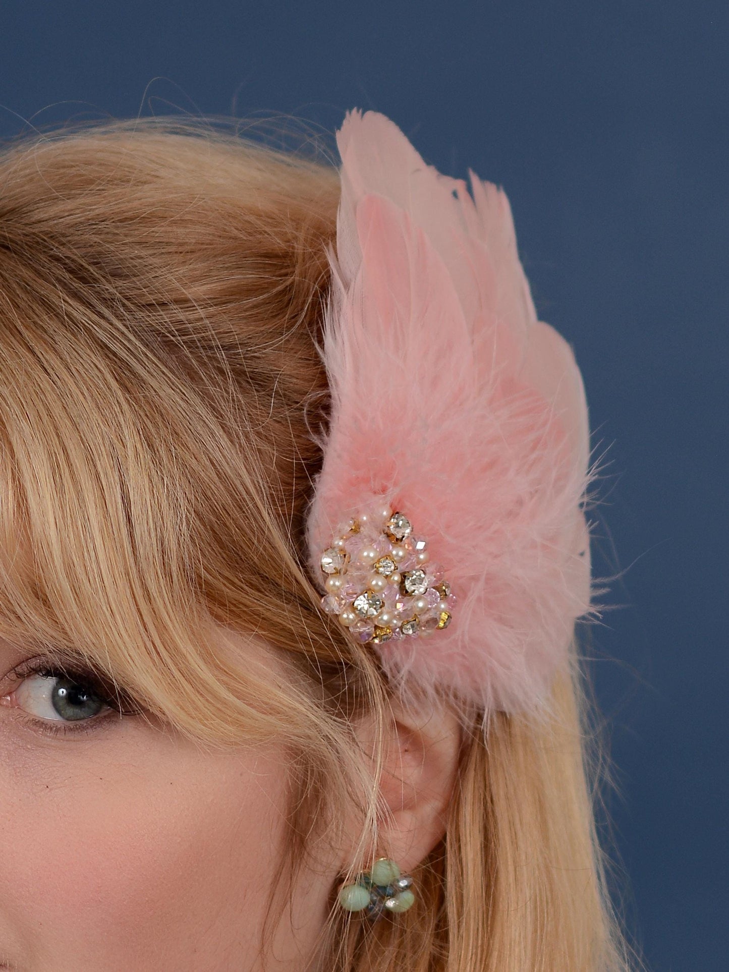 Vintage Pink Feather Headpiece with Pearl and Rhinestone Embellishment | Pink Feather Hair Clip | Pink Feather Fascinator | Bridal Headpiece