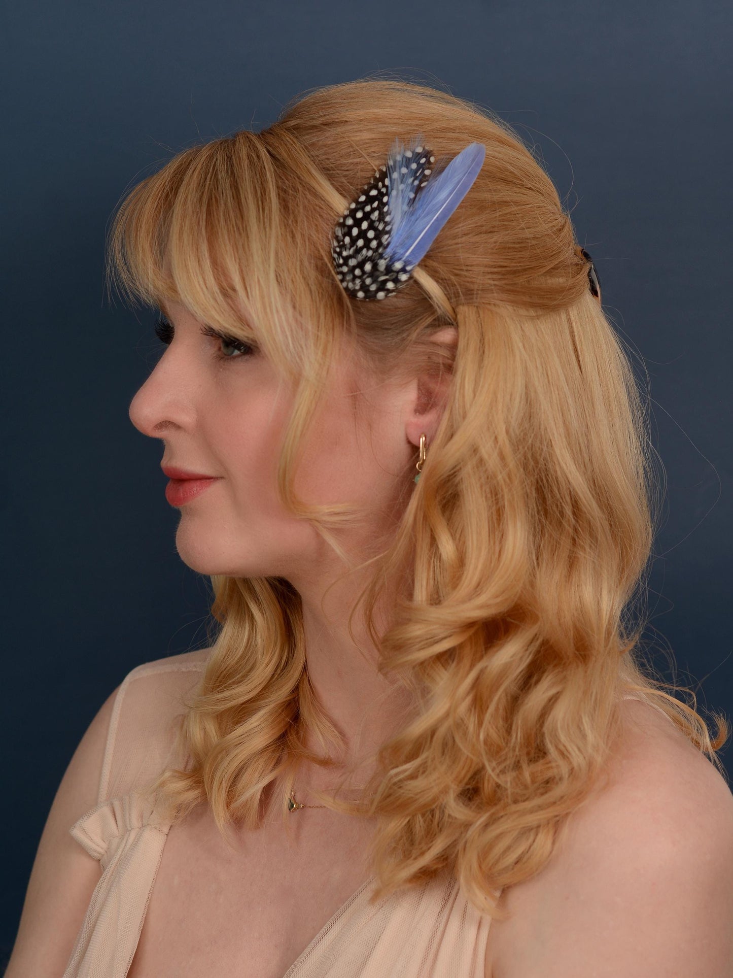 Feather Hair Clip in Cornflower Blue and Polka Dot | Blue Feather Hair Clip | Pastel Blue Feather Headpiece | Wedding Fascinator