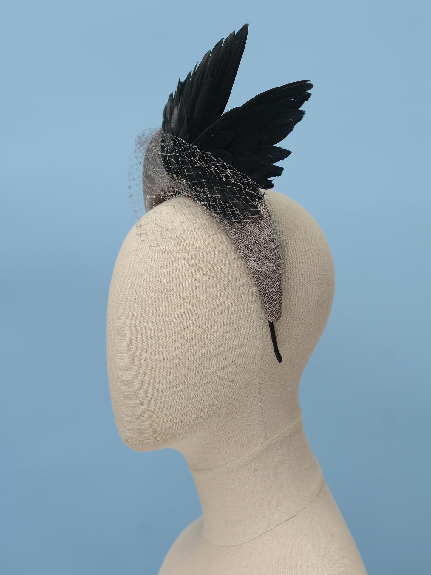 Bird Wing Black and Grey Halo Bandeau Headband Fascinator
