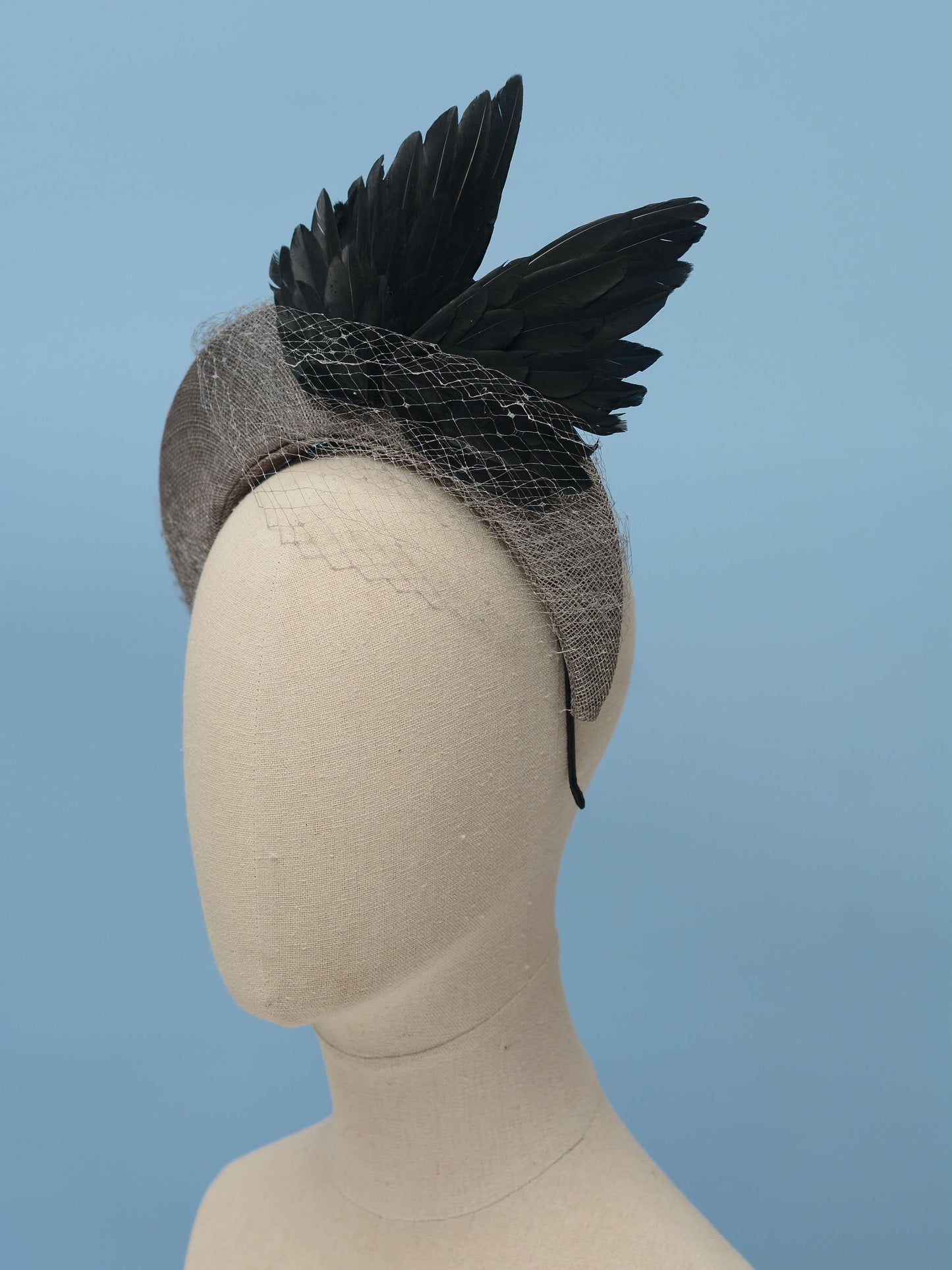 Bird Wing Black and Grey Halo Bandeau Headband Fascinator