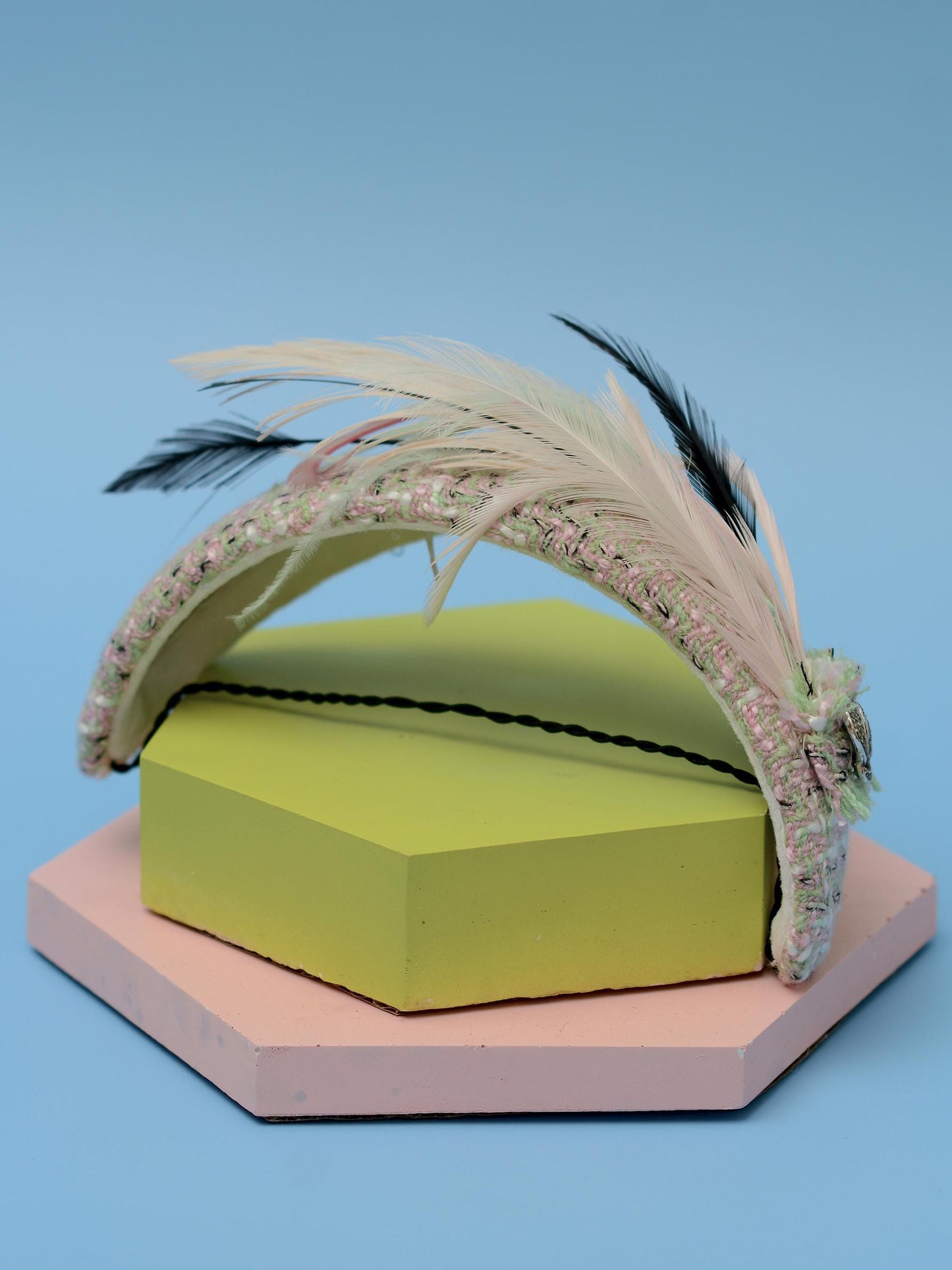 Tweed Pink and Mint Green Bandeau Fascinator with Feather Mount | Feather Hat | Wedding Fascinator