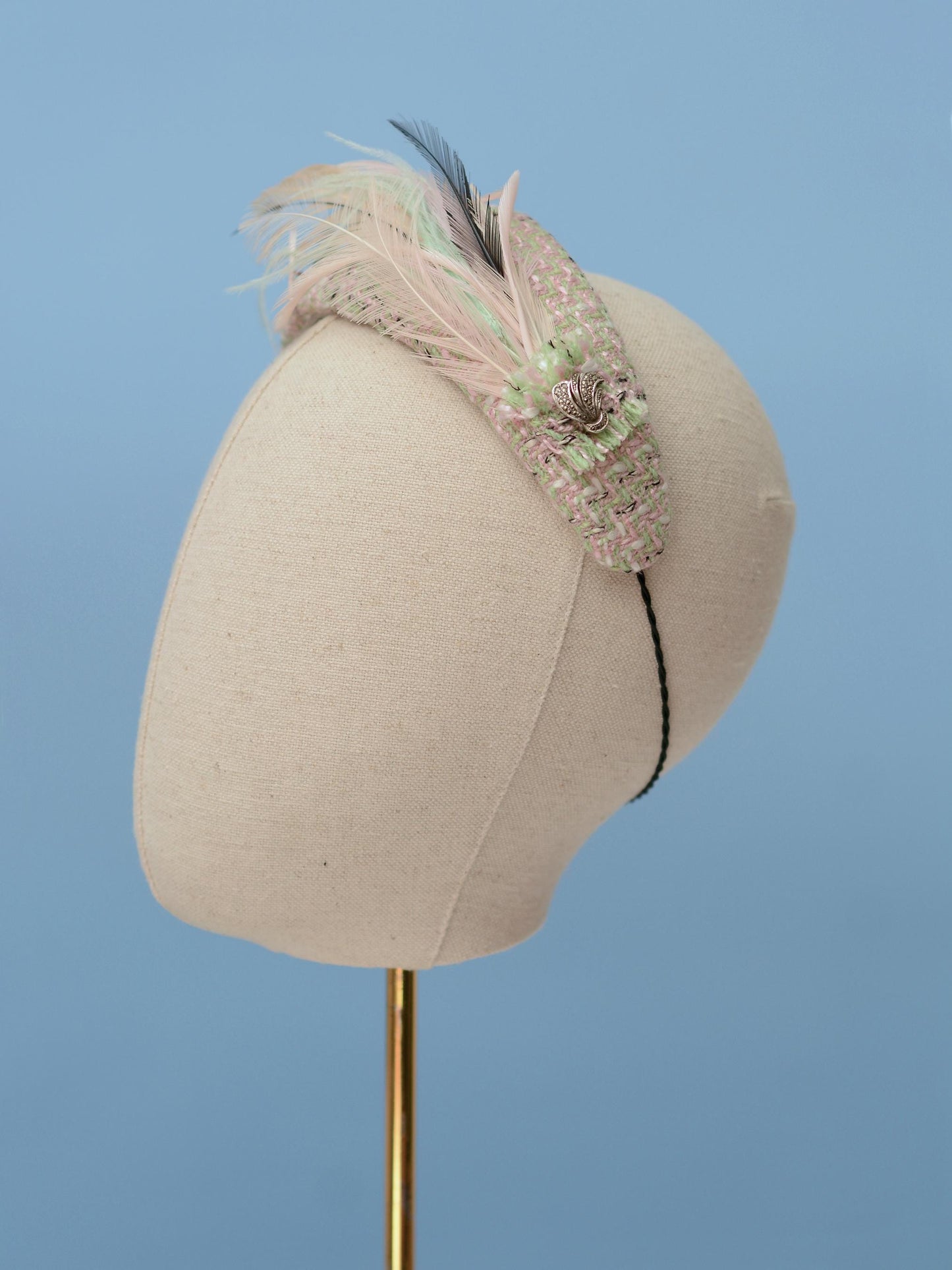 Tweed Pink and Mint Green Bandeau Fascinator with Feather Mount | Feather Hat | Wedding Fascinator