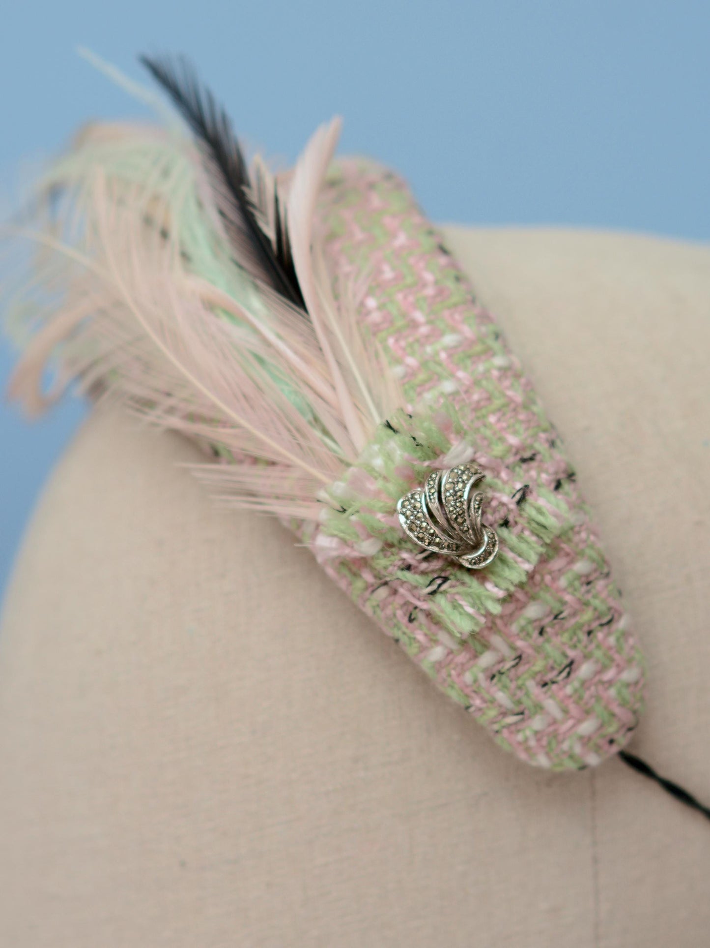 Tweed Pink and Mint Green Bandeau Fascinator with Feather Mount | Feather Hat | Wedding Fascinator