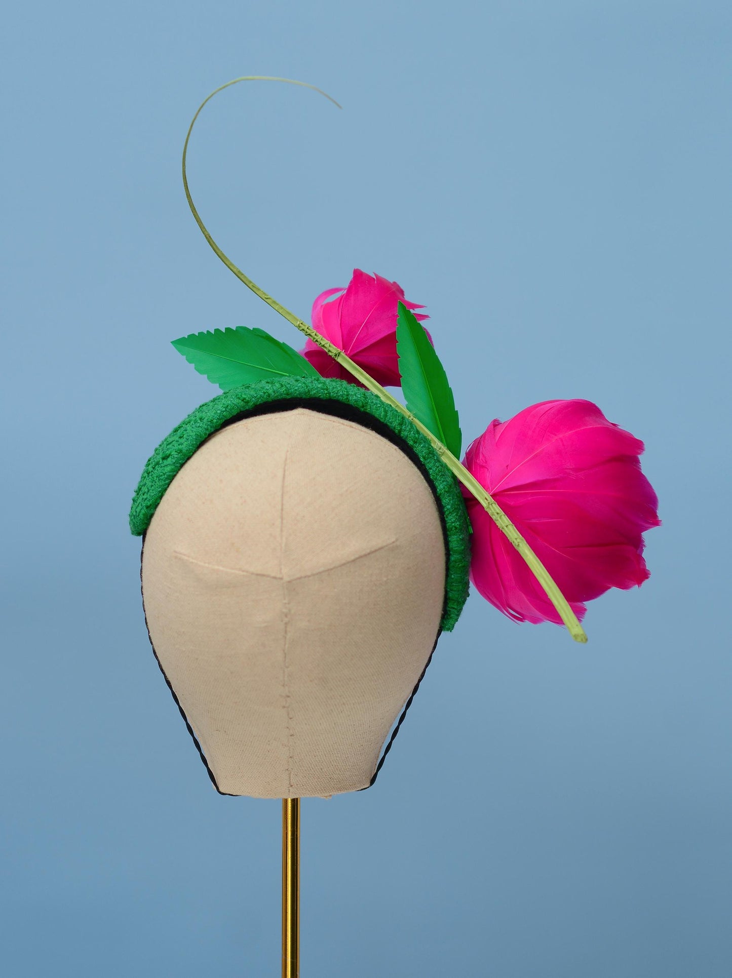 Pink and Green Giant Feather Rose Bandeau Headband Fascinator | Horse Racing Hat | Wedding Fascinator