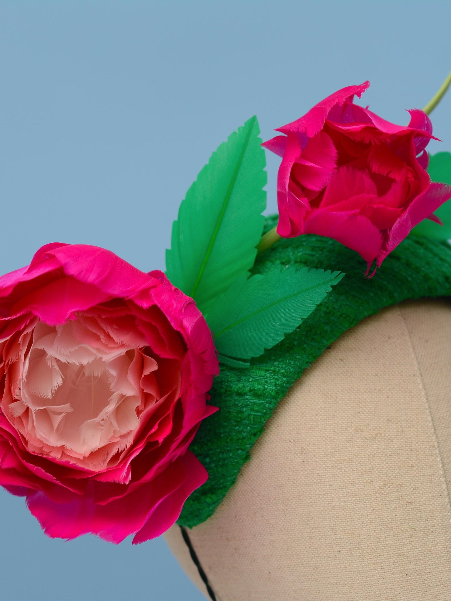 Pink and Green Giant Feather Rose Bandeau Headband Fascinator | Horse Racing Hat | Wedding Fascinator