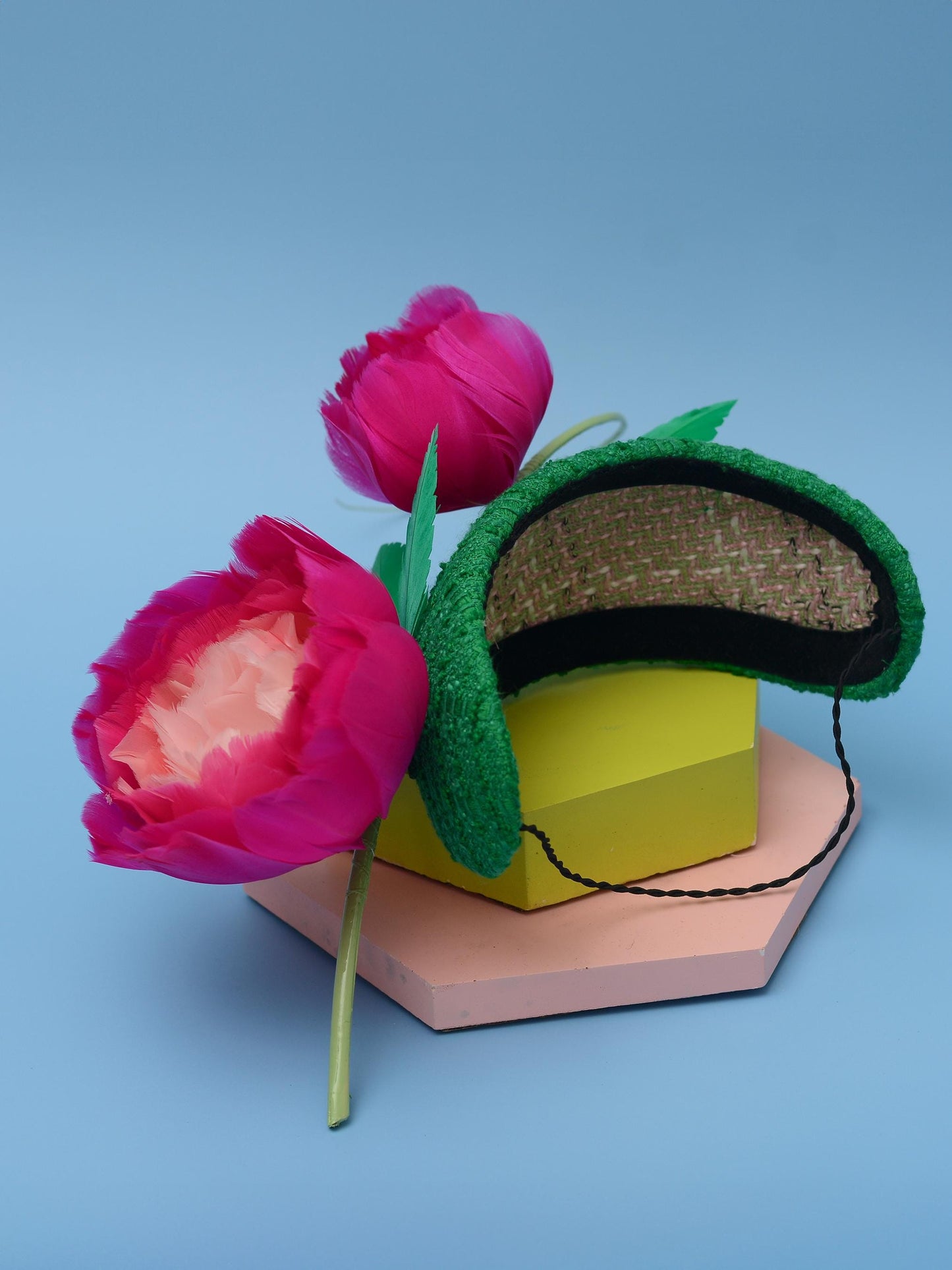 Pink and Green Giant Feather Rose Bandeau Headband Fascinator | Horse Racing Hat | Wedding Fascinator