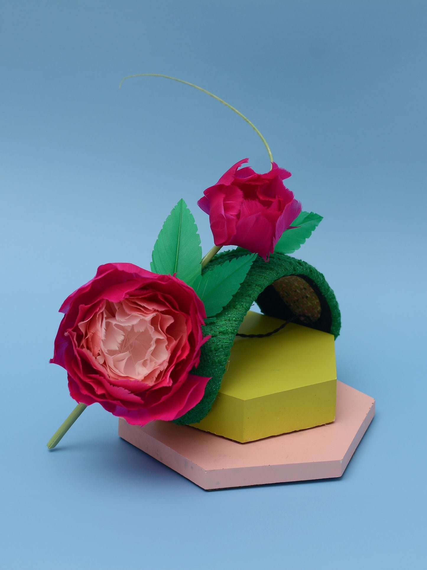 Pink and Green Giant Feather Rose Bandeau Headband Fascinator | Horse Racing Hat | Wedding Fascinator