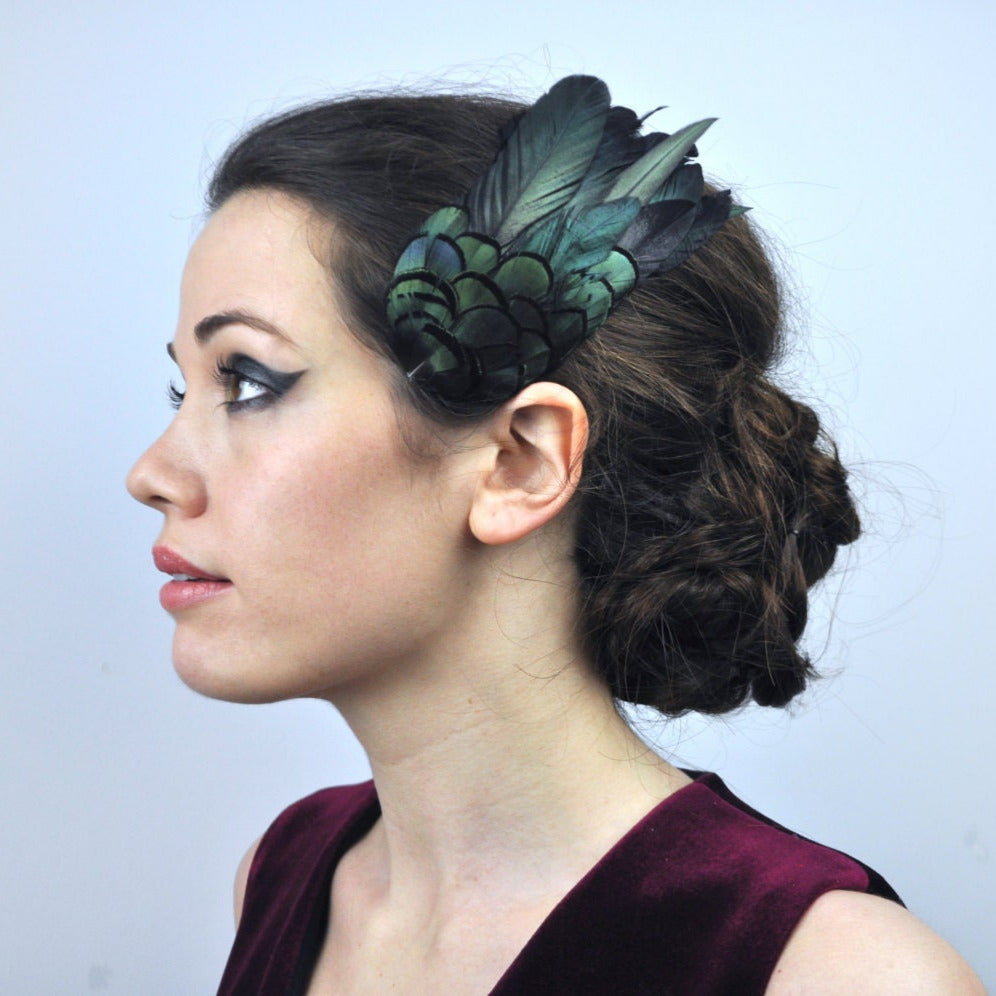 Feather Hair Clip in Glossy Green Black Natural Feathers | Black Feather Fascinator | Black Feather Headpiece | Wedding Fascinator