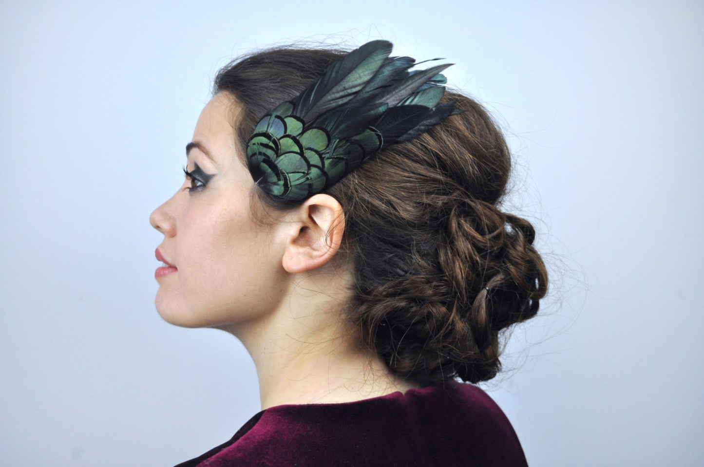 Feather Hair Clip in Glossy Green Black Natural Feathers | Black Feather Fascinator | Black Feather Headpiece | Wedding Fascinator