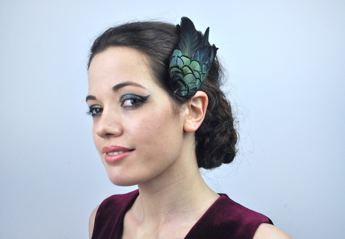 Feather Hair Clip in Glossy Green Black Natural Feathers | Black Feather Fascinator | Black Feather Headpiece | Wedding Fascinator