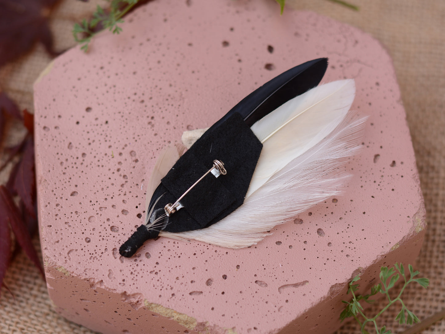 Peacock Feather Boutonniere in Monochrome Black and Ivory, Hat Pin, Lapel Brooch