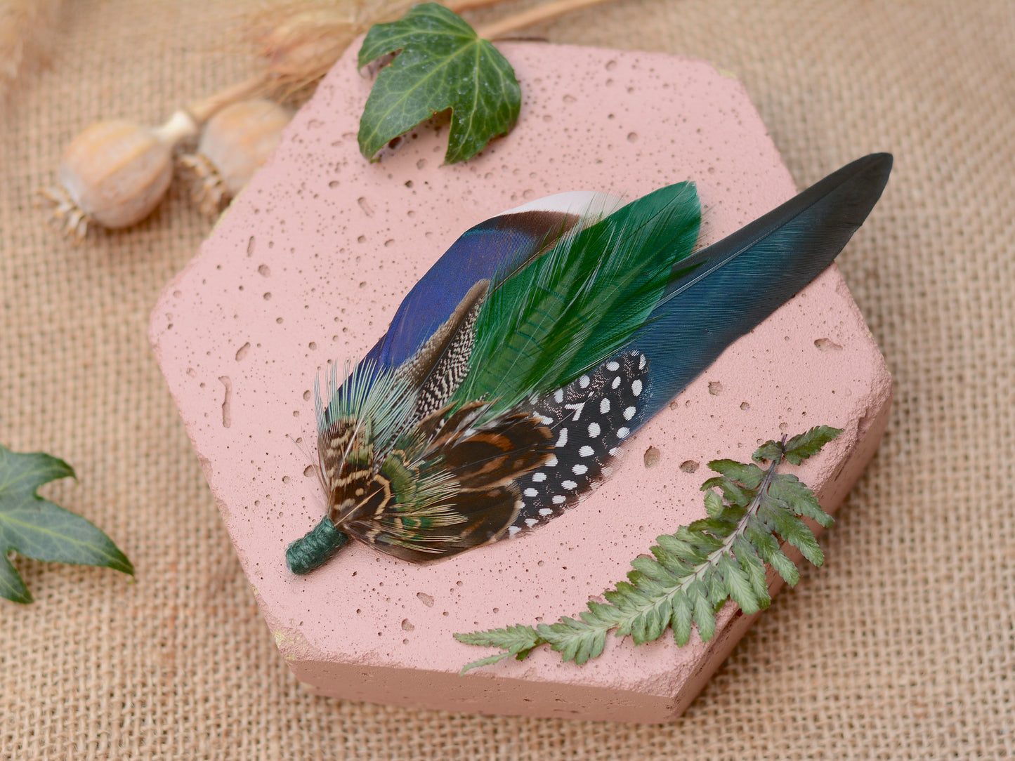 Large Navy and Green Pheasant and Duck Feather Lapel Pin / Hat Pin No.004