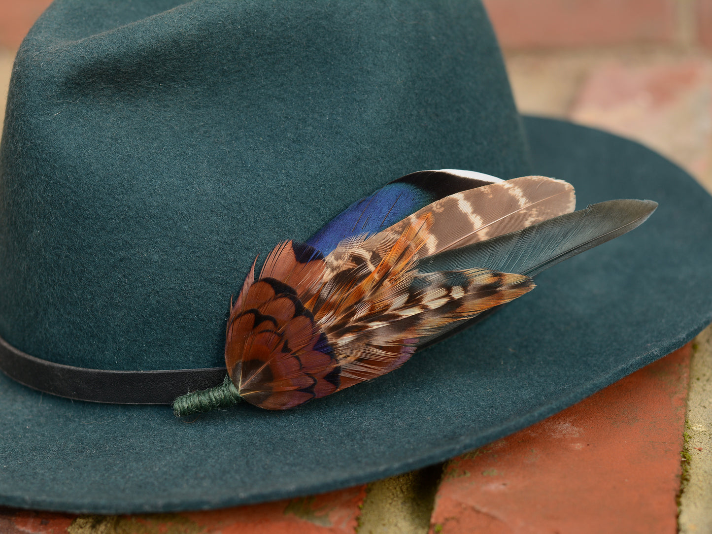 Pheasant & Duck Feather Lapel Brooch / Hat Pin in Bottle Green