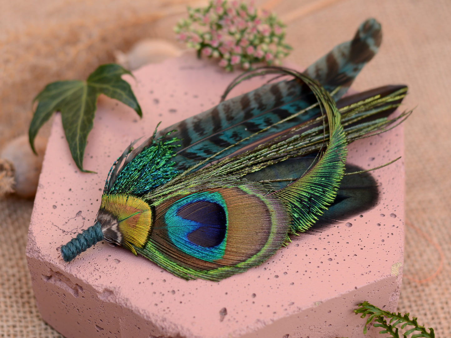 Large Teal Peacock Feather Lapel Pin No.007