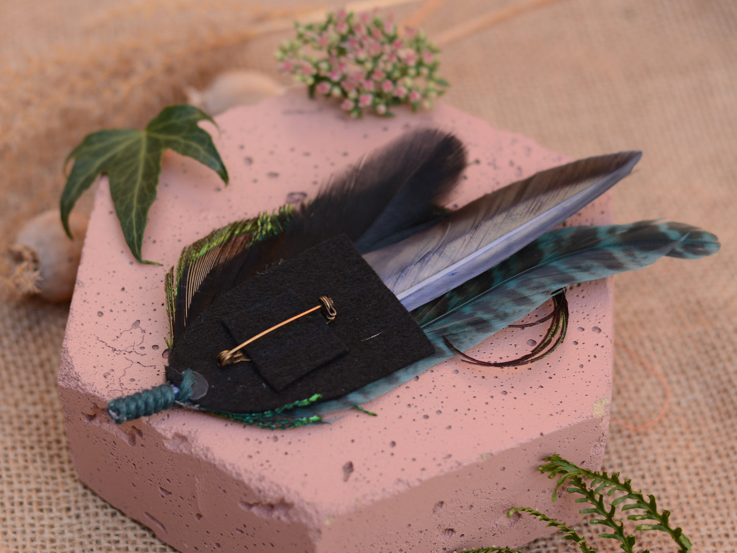 Large Teal Peacock Feather Lapel Pin No.007