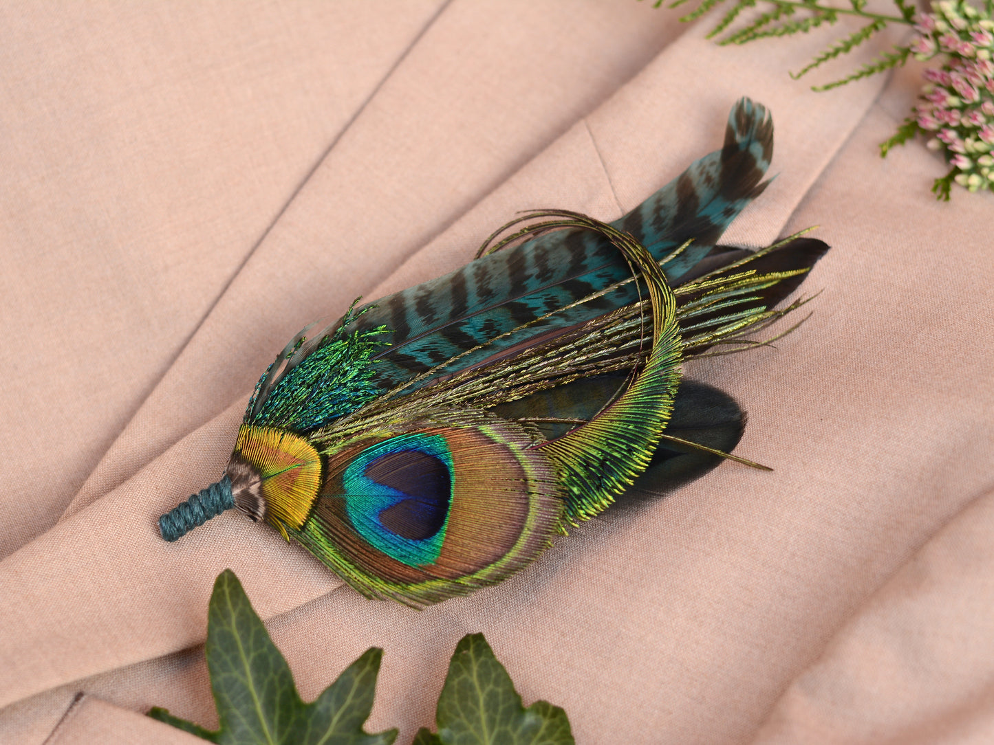 Large Teal Peacock Feather Lapel Pin No.007
