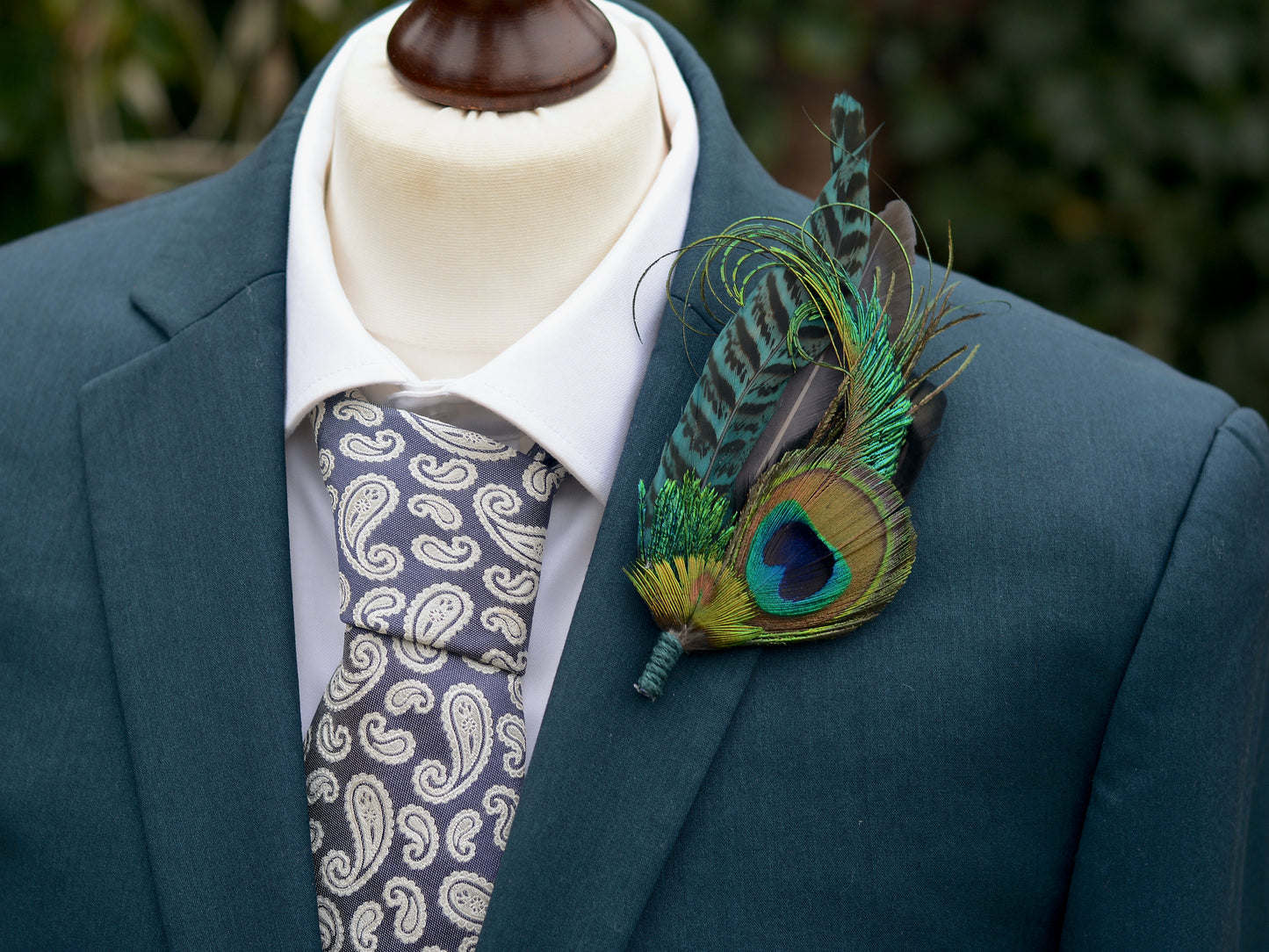 Large Teal Peacock Feather Lapel Pin No.007