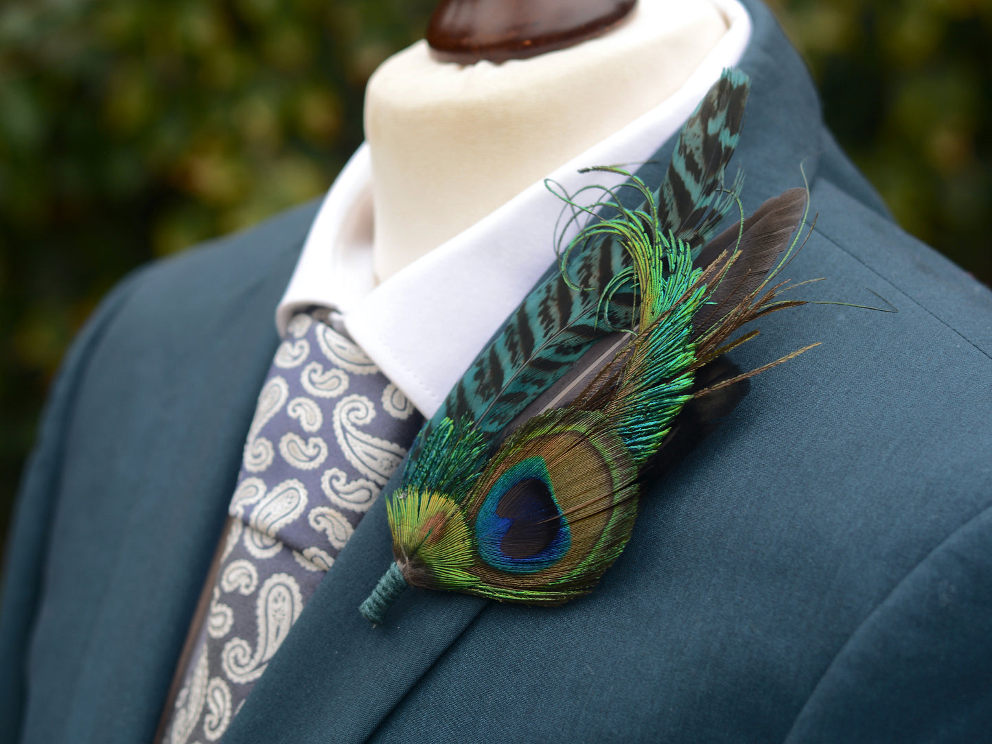 Large Teal Peacock Feather Lapel Pin No.007