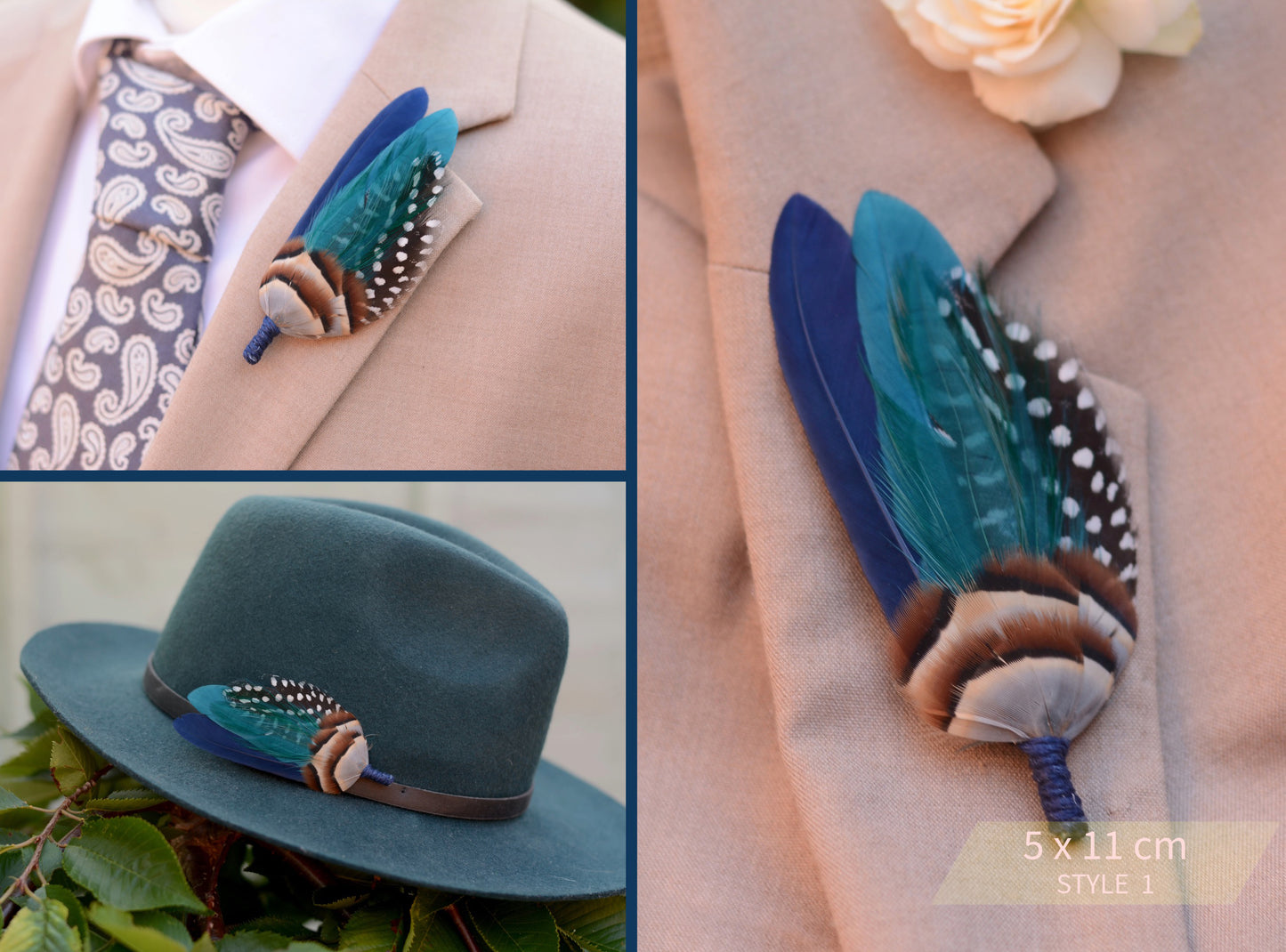 Navy Blue and Teal Duck Feather Boutonniere
