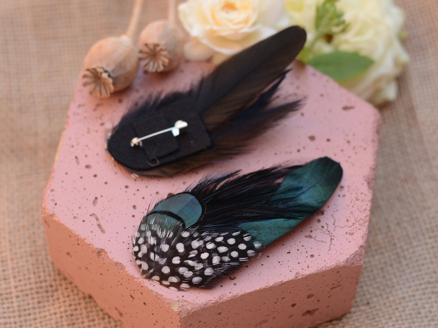 Black and Green Spotted Feather Lapel Pin Buttonhole No.001