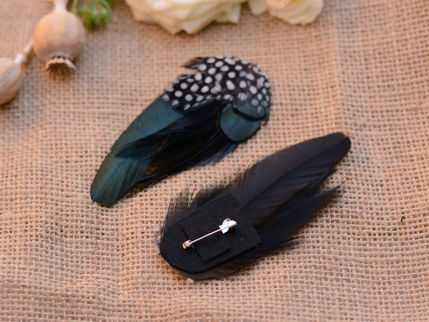 Black and Green Spotted Feather Lapel Pin Buttonhole No.001