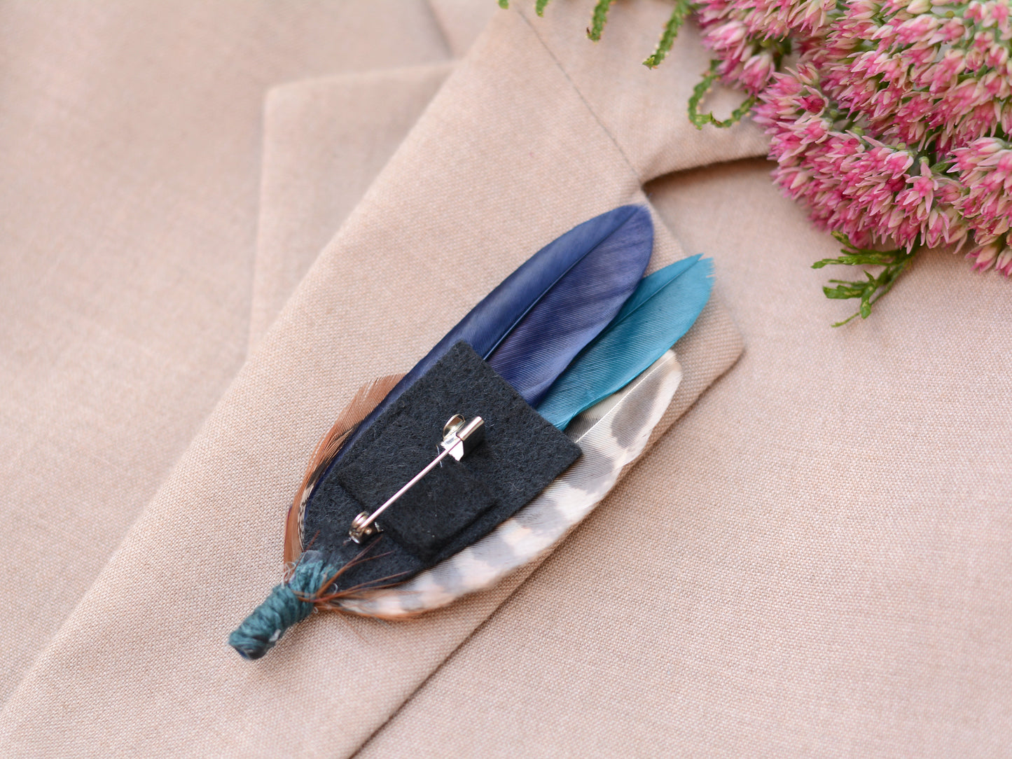 Feather Boutonniere / Hat Pin in Copper, Navy Blue and Teal