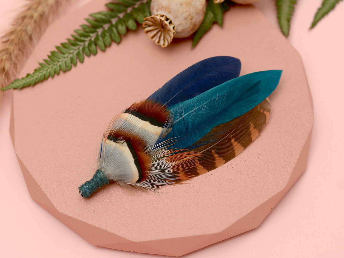 Navy Blue and Teal Duck Feather Boutonniere