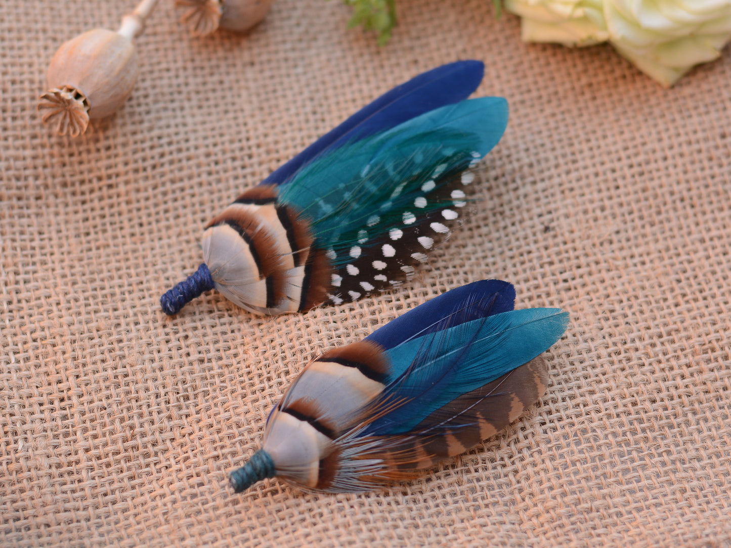 Navy Blue and Teal Duck Feather Boutonniere