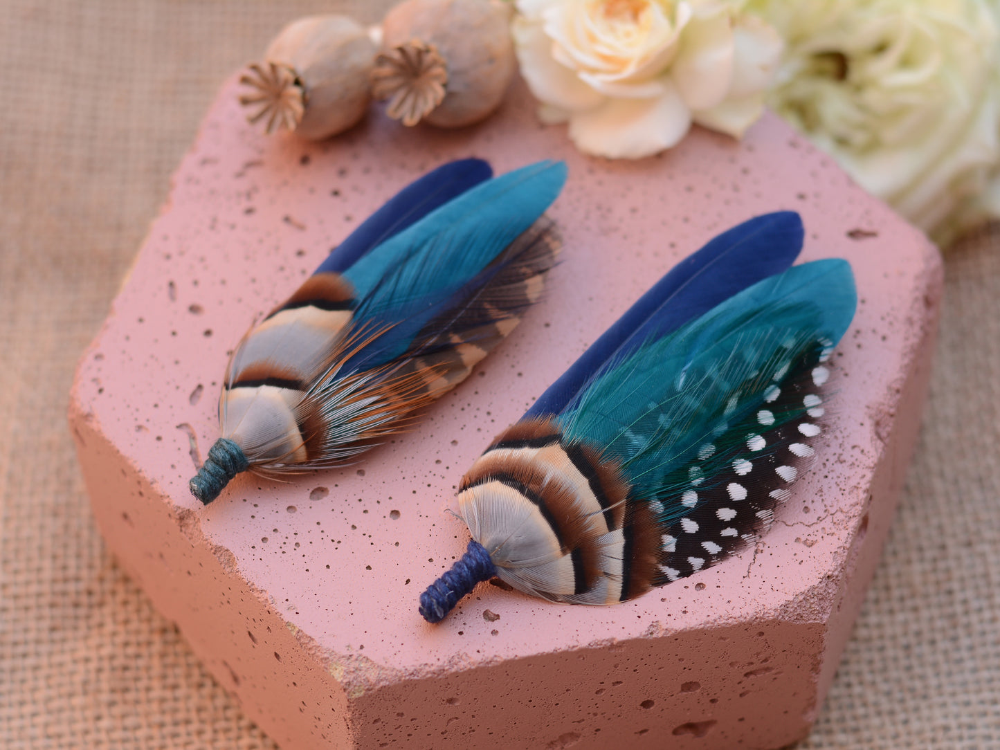 Navy Blue and Teal Duck Feather Boutonniere