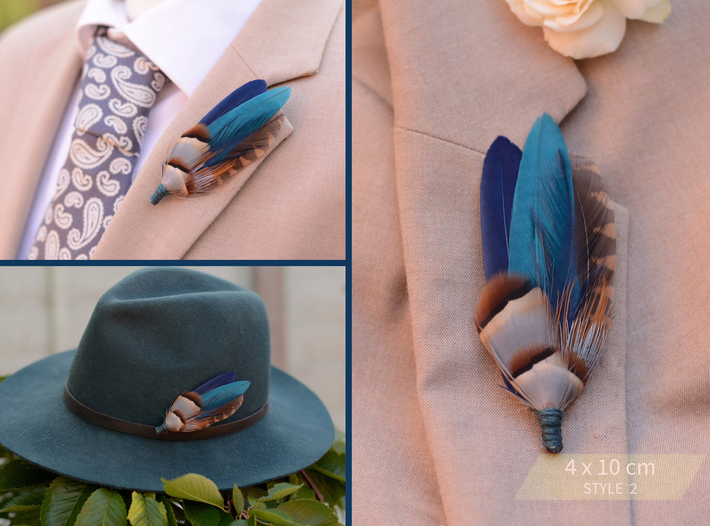 Navy Blue and Teal Duck Feather Boutonniere