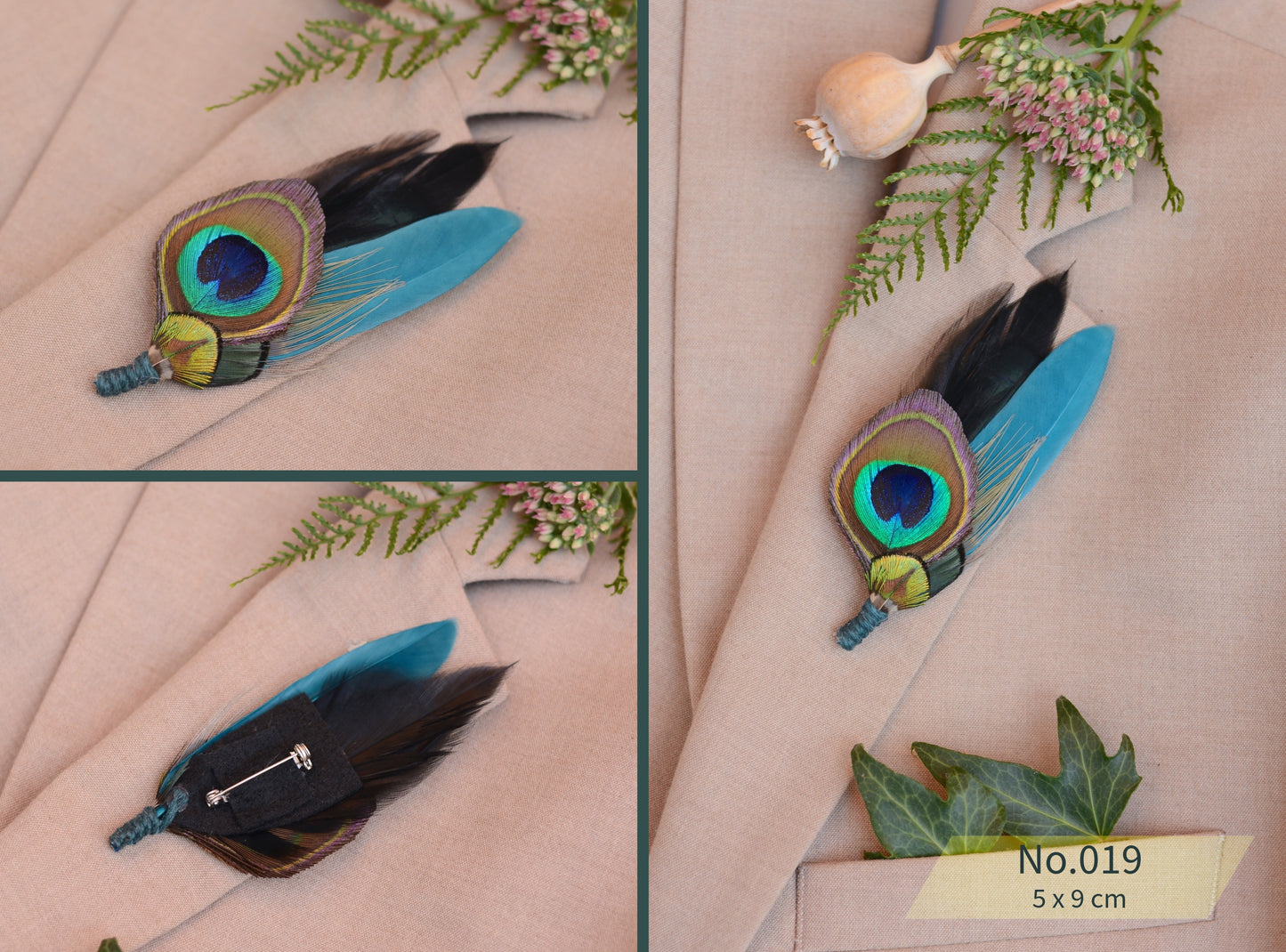 Peacock Feather Boutonniere in Teal, Navy and Burgundy