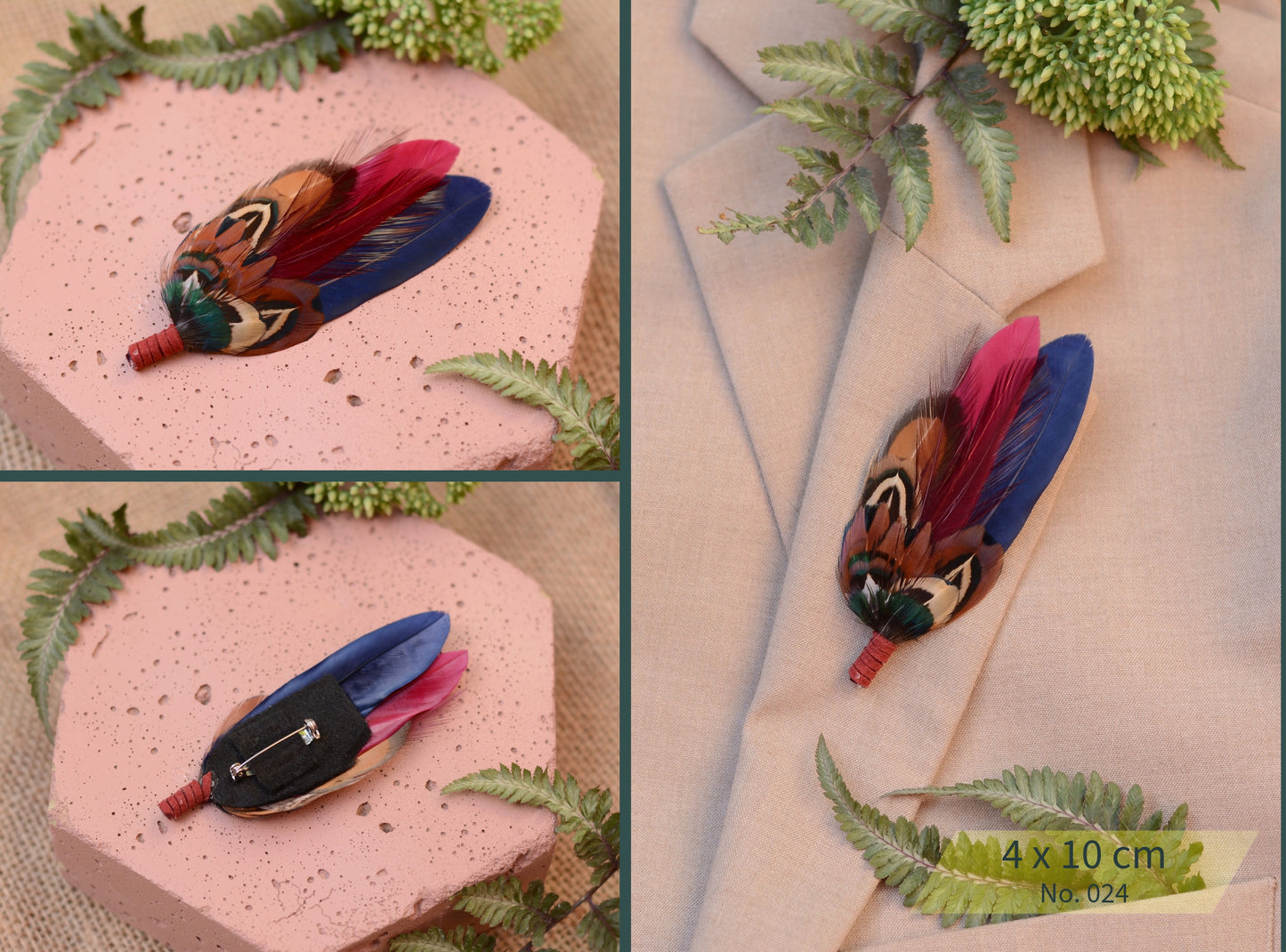 Navy and Burgundy Feather Boutonniere / Hat Pin