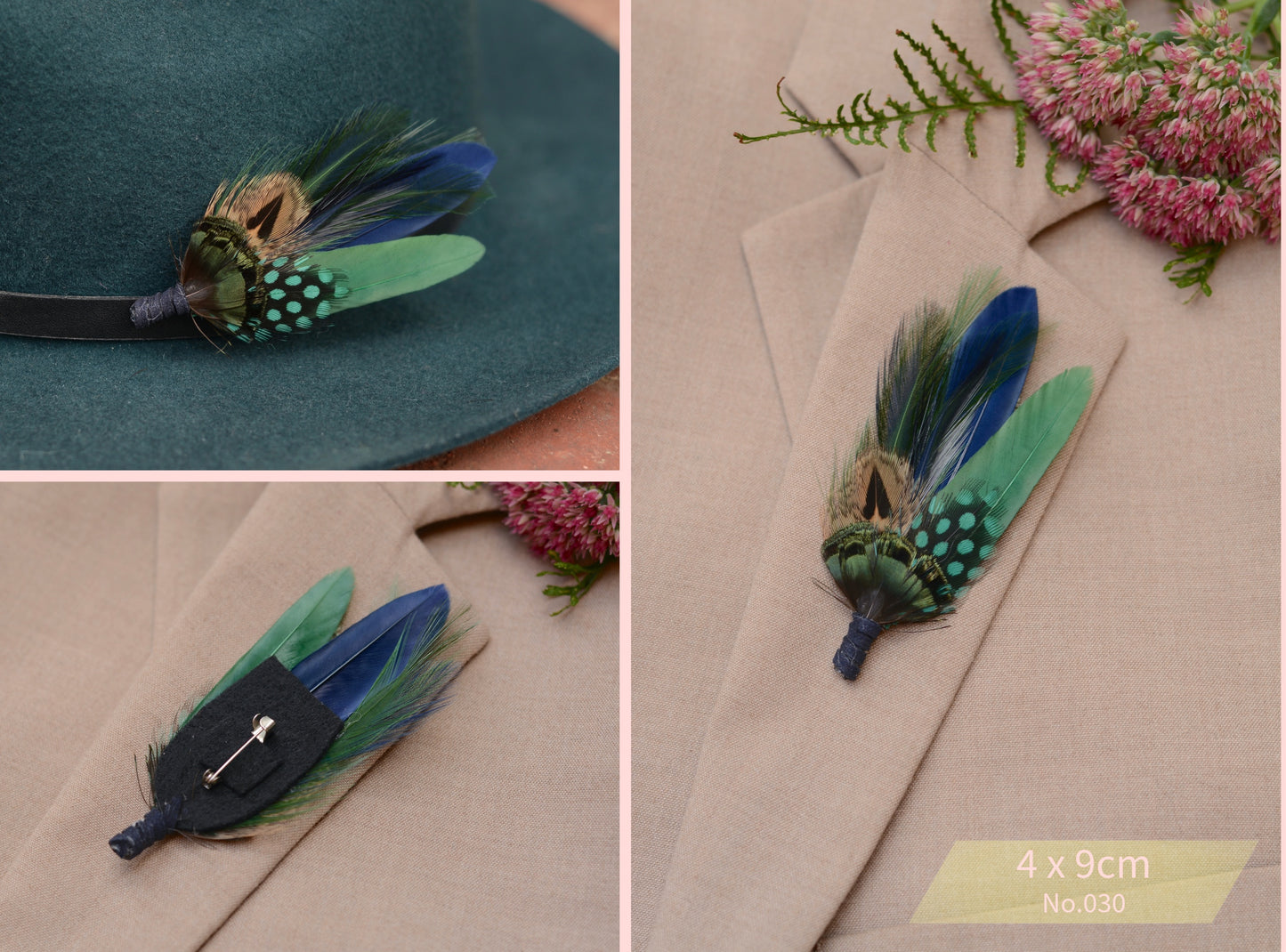 Navy Blue and Bottle Green Feather Boutonniere