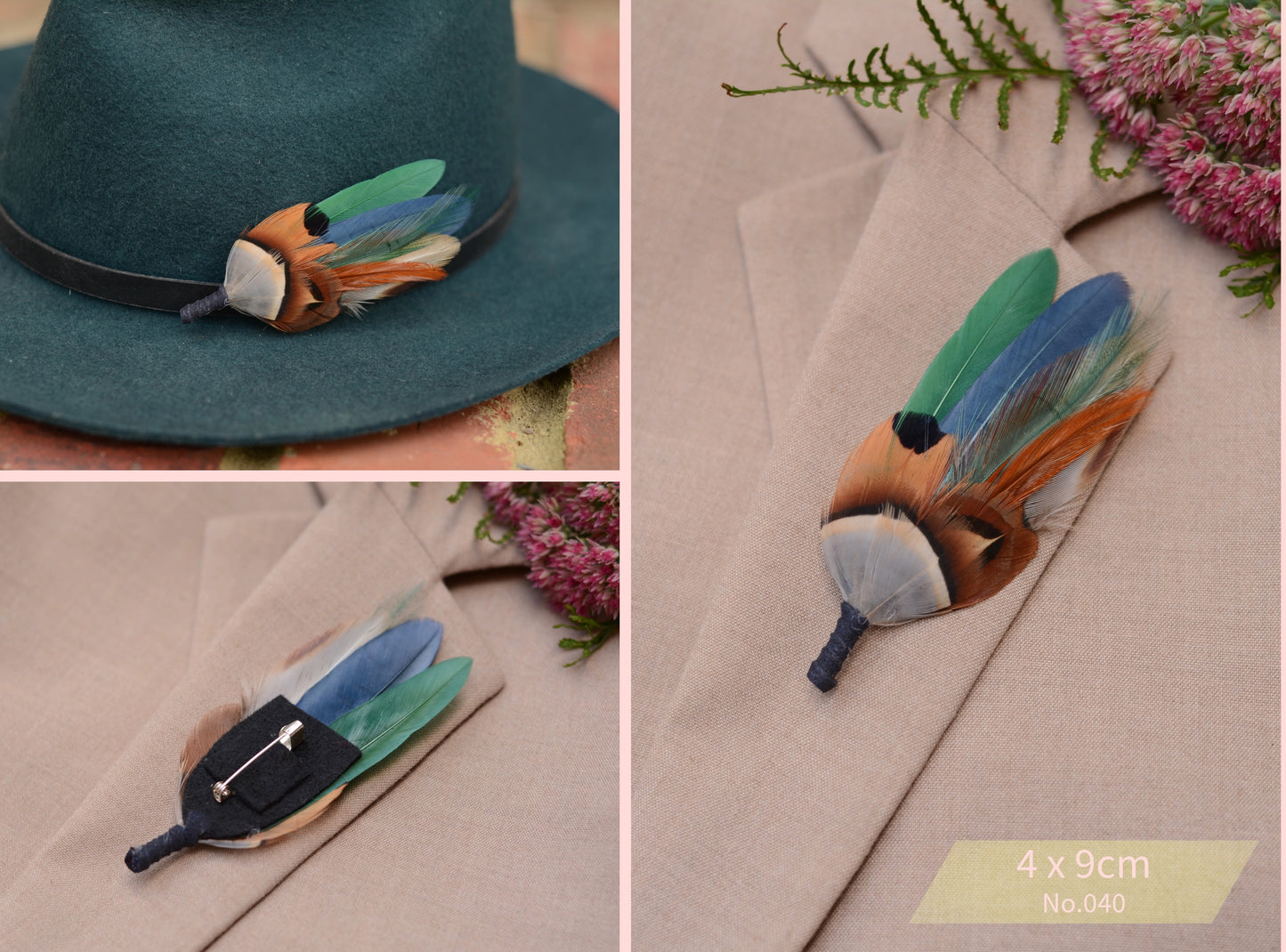 Navy Blue and Bottle Green Feather Boutonniere