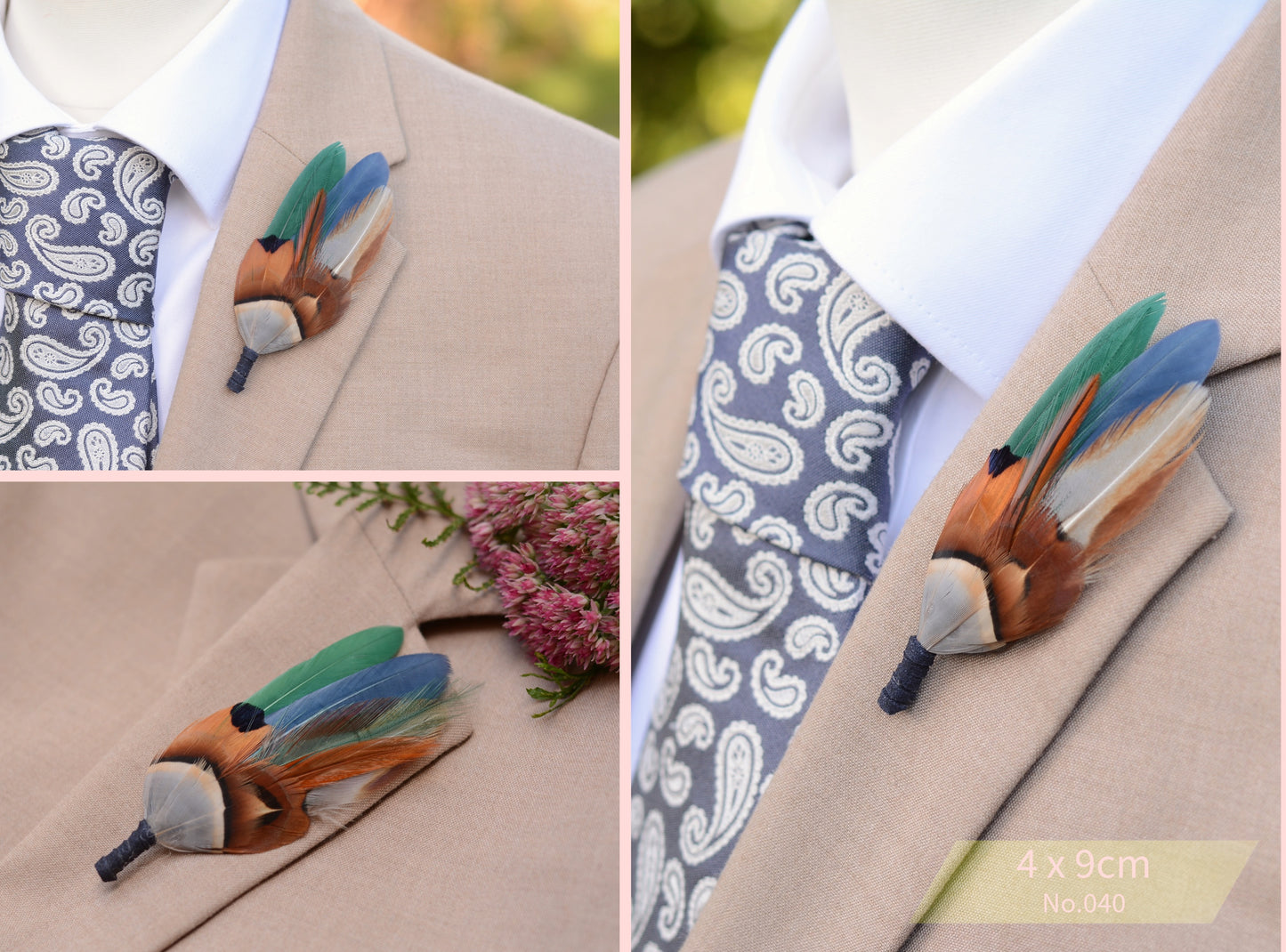 Navy Blue and Bottle Green Feather Boutonniere