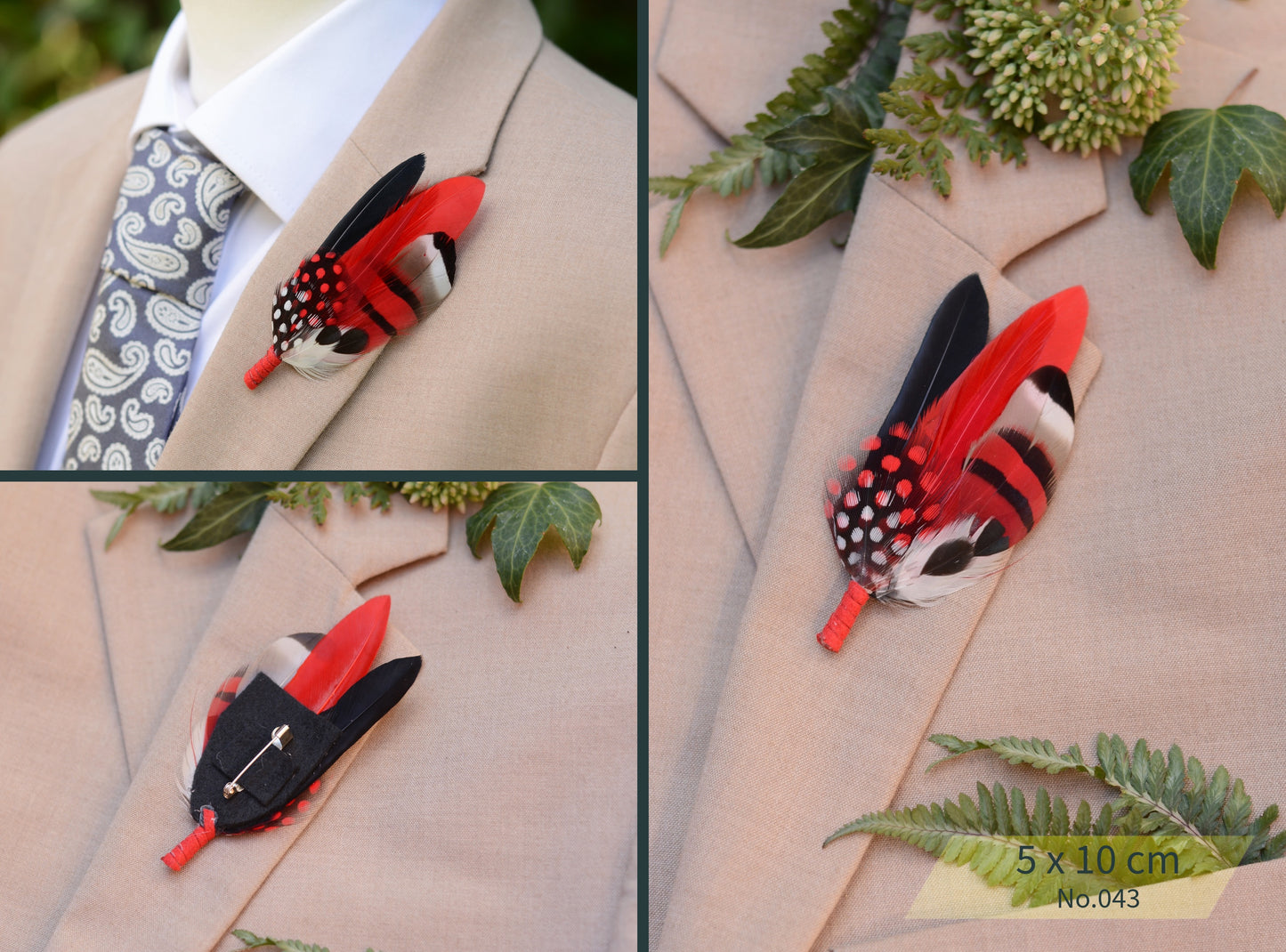Red Feather Boutonniere / Hat Pin No.033, No.043, No.44 & No.052