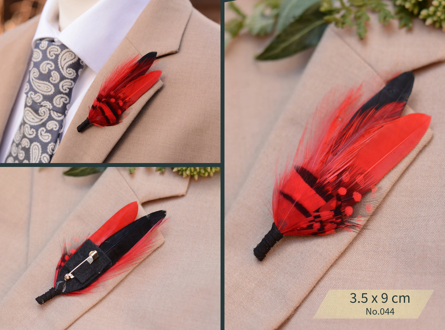 Red Feather Boutonniere / Hat Pin No.033, No.043, No.44 & No.052