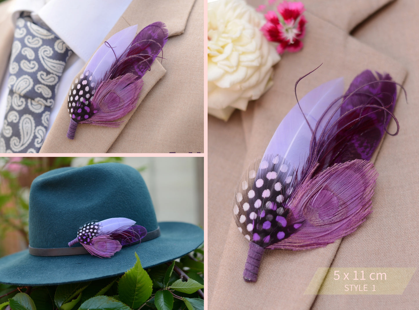 Purple Peacock Feather Hat Pin / Lapel Pin - 3 Unique Styles Available