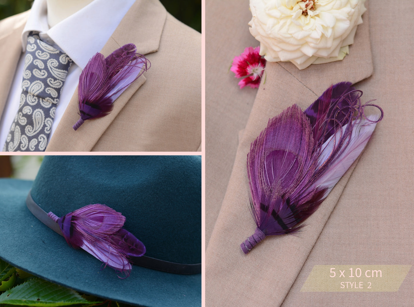 Purple Peacock Feather Hat Pin / Lapel Pin - 3 Unique Styles Available