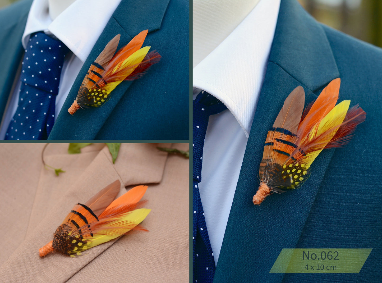 Feather Hat Pin / Broochs in Fall Colours Yellow and Burnt Orange