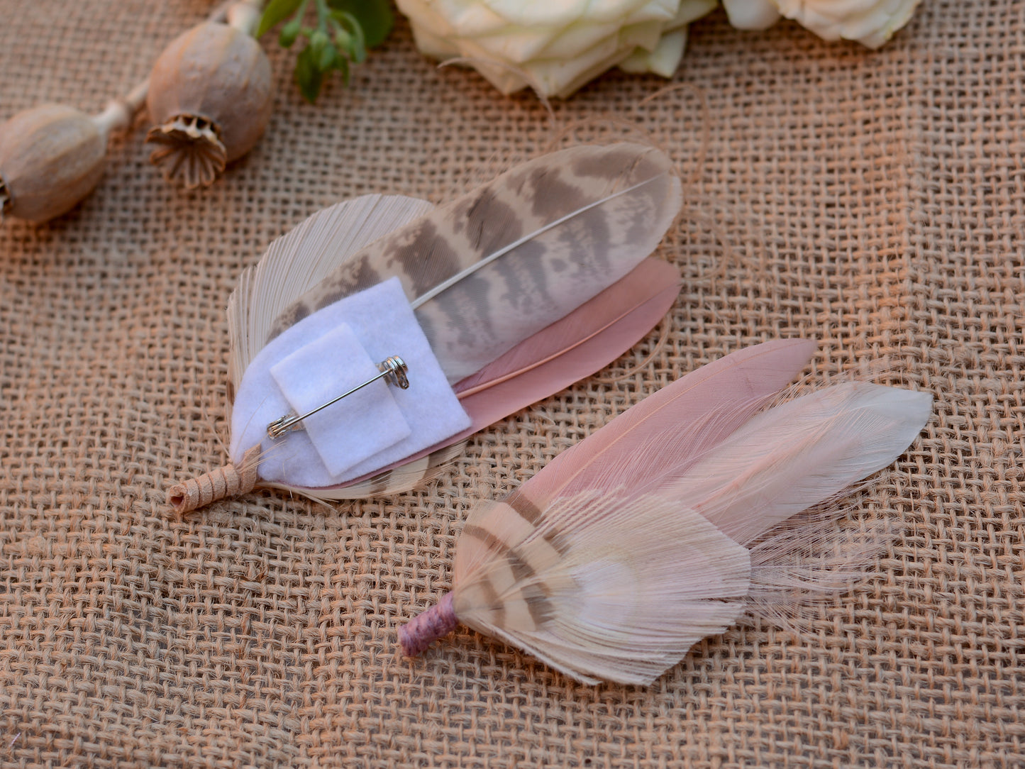 Blush Pink and Ivory Peacock Feather Buttonhole